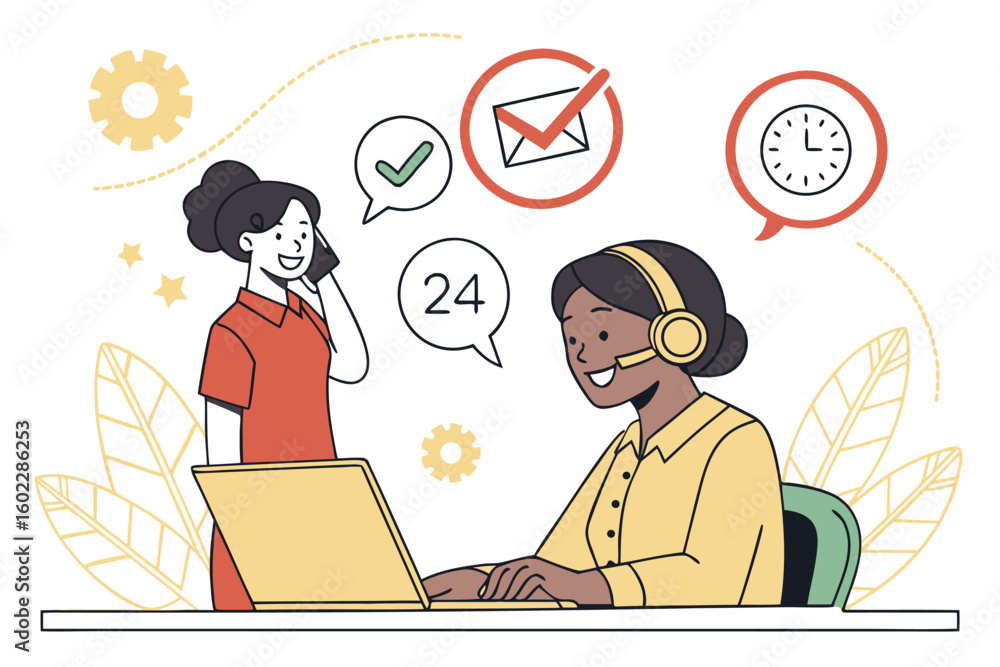Poster customer service representative assisting a client via phone while managing tasks on a laptop at a m