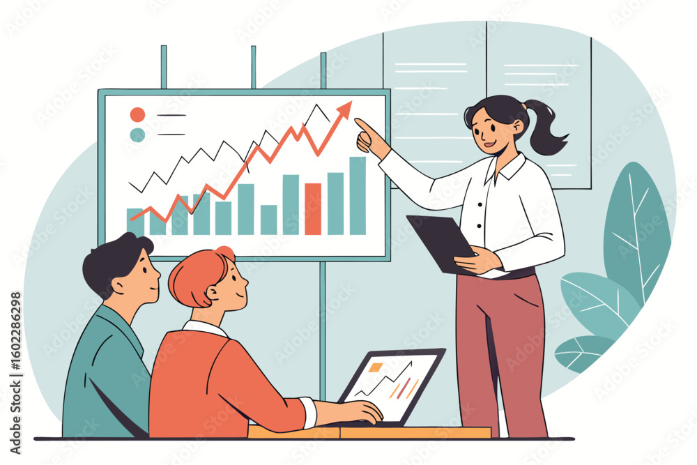 Poster professional presentation by a businesswoman explaining data analysis and growth trends to a group i