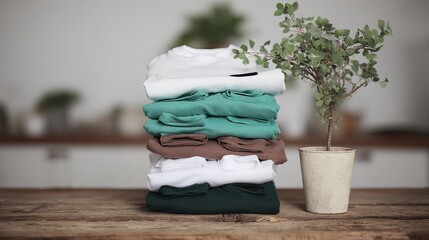 Folded clothes stack, kitchen, plant, minimalist, home organization