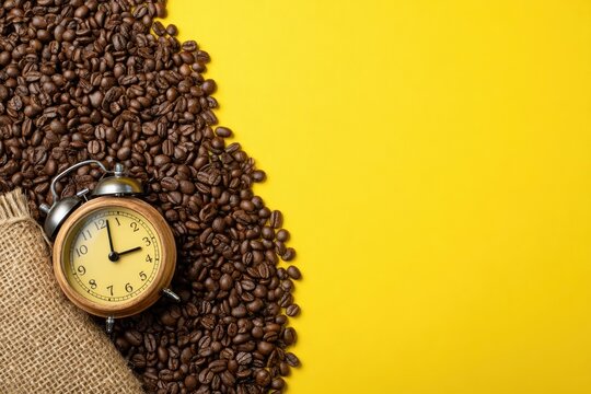 Coffee beans next to an alarm clock and burlap sack on a yellow background