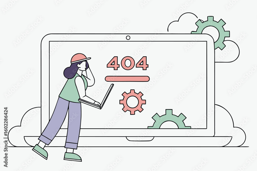 Poster error message displayed on screen as a girl checks laptop with confused expression while gears are s