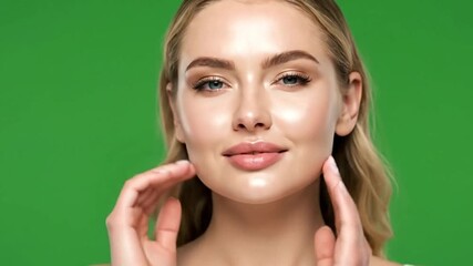 A woman with fair skin eyes closed touching her neck against a green background
