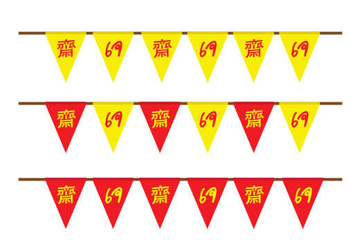 Yellow triangular flags with red symbols, Thai letter and Chinese is mean vegetarian food festival