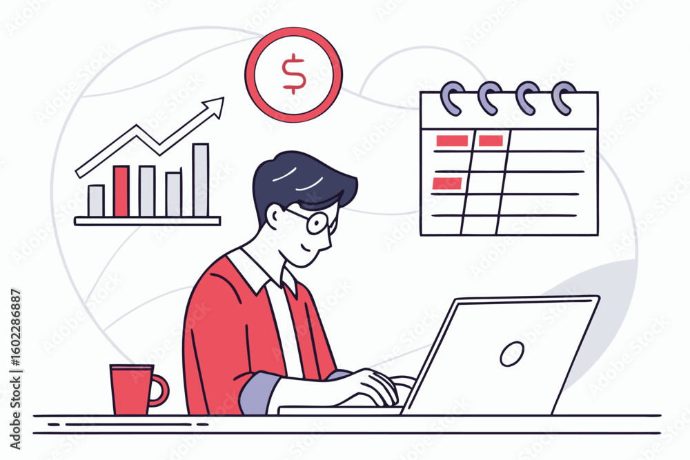 Poster man working on laptop to manage finances and track progress with charts and calendar