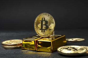 Cryptocurrency investment concept. Electronic decentralized money concept. Gold coins with gold...