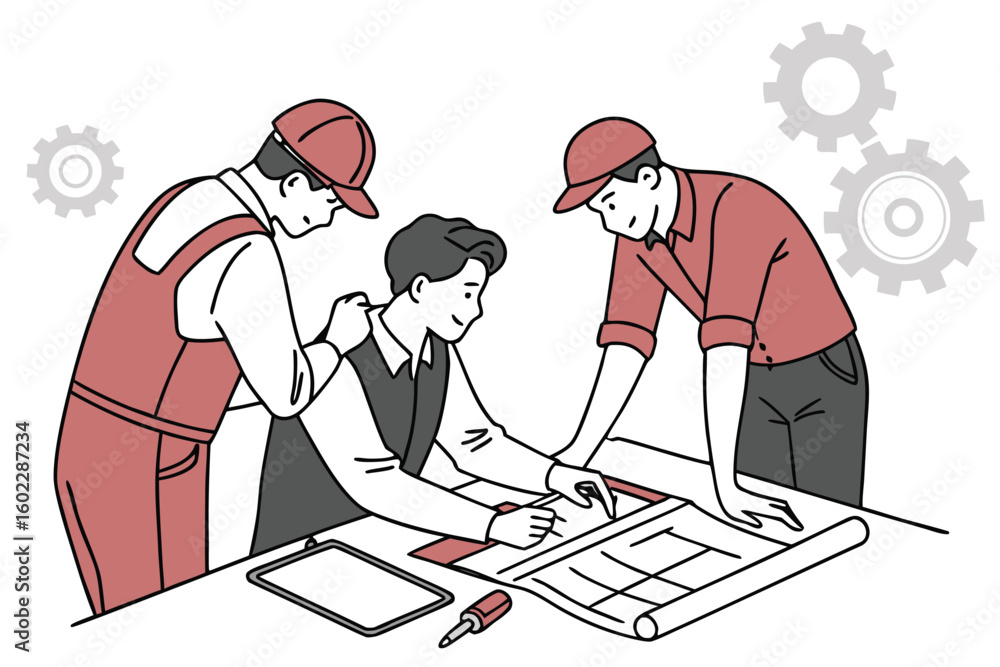 Poster engineers collaborate on project plans and designs in an industrial workshop, discussing technical d