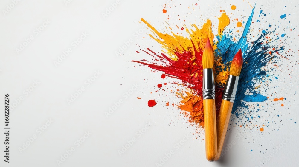 Fototapete Leeyongjay 3D watercolor illustration showcasing vibrant paintbrushes with colorful splashes, creating an isolated copy space for creative text and design elements.