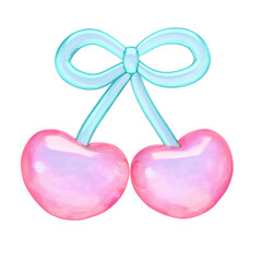 ぷっくりシール風3Dイラスト　ハート型のさくらんぼ