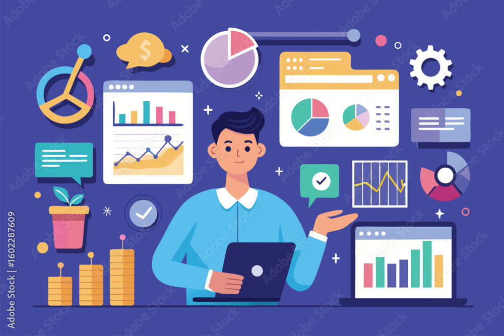 Poster person analyzing data and creating visual reports in a modern workspace with graphs, charts, and fin