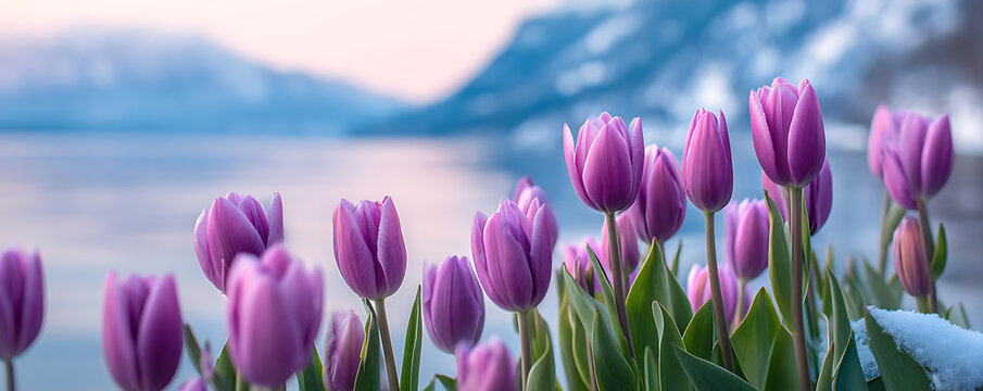 Close-up of blooming purple tulip flowers with snow on leaves in a garden overlooking a serene lake and distant mountain range during spring