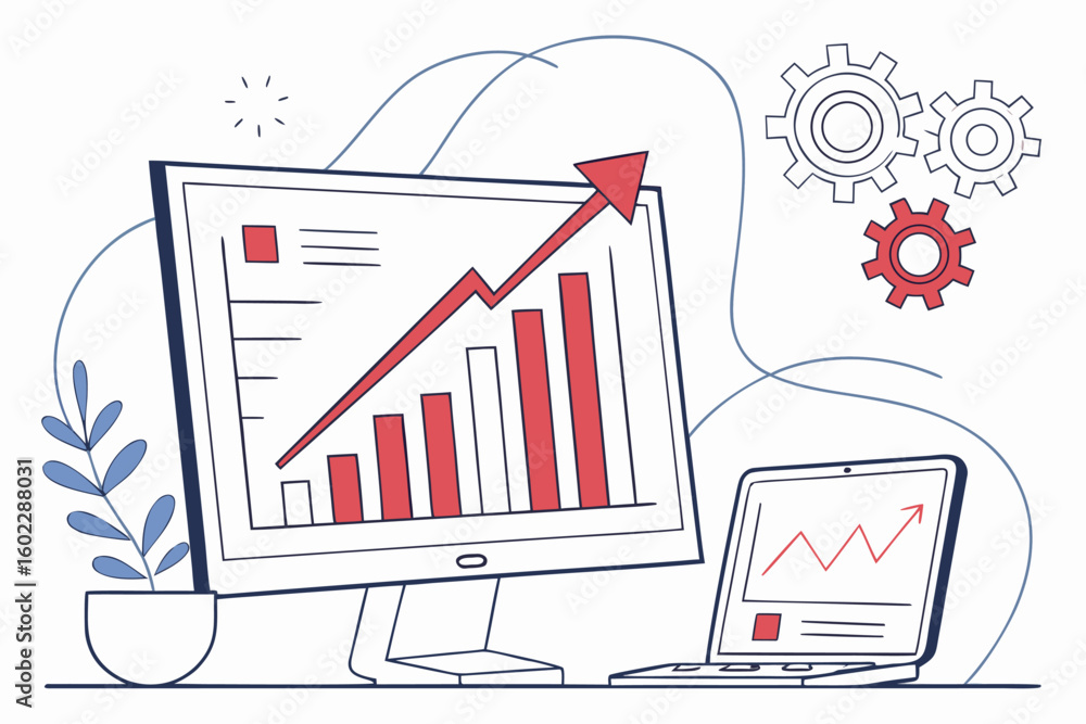 Poster growth in business metrics illustrated with graphs and technology showing progress in analytics and 