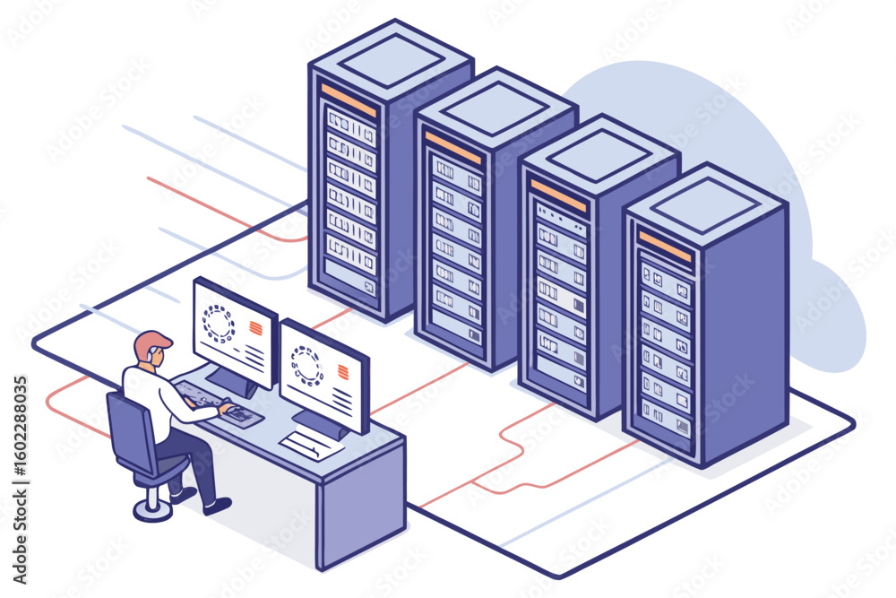 Poster professional working at a desk with dual monitors and server racks in a modern data center environme