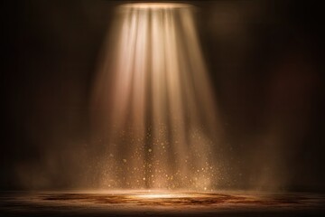 Golden spotlight illuminating a dark, dusty floor, creating a dramatic, ethereal effect with glowing particles suspended in the beams