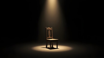 A lone wooden chair sits empty in the center of a dark stage, illuminated by a single dramatic spotlight from above. Concept of isolation.