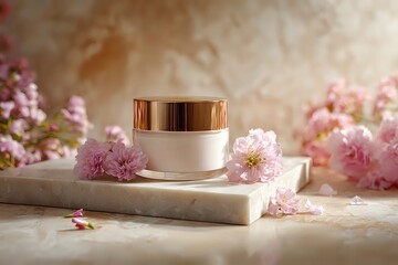 Elegant Cosmetic Cream Jar with Scattered Flowers on Marble