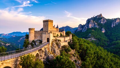 Majestic castle perched atop a mountain ridge at sunset