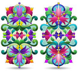 Set of illustrations in a stained glass style with abstract botanical elements, isolated on a white background
