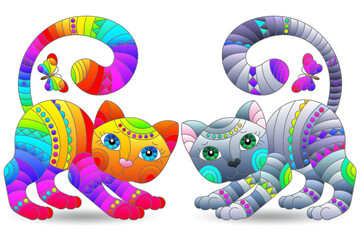 A set of stained glass elements with rainbow cats , isolated images on white background