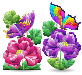 Set of stained glass illustrations with flowers and butterflies, isolated on a white background