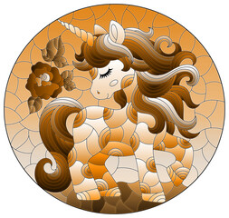 Stained glass illustration with a cute cartoon unicorn on a cloudy sky background, tone brown