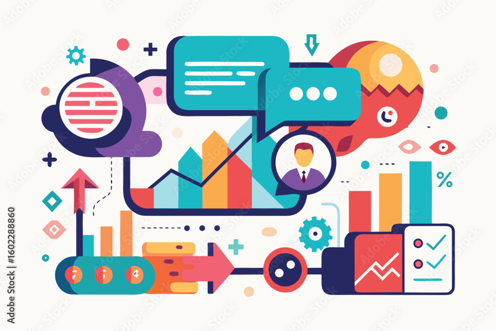 Poster colorful digital illustration of data analysis showing graphs, chat bubbles, and business symbols re