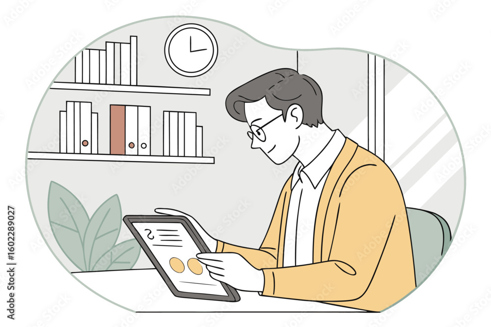 Aufkleber person using a digital tablet in a modern workspace with a clock and bookshelf in the background dur