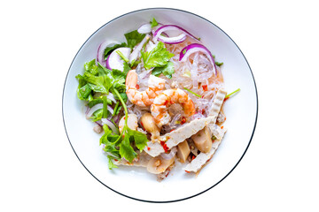 Top view of Spicy Glass Noodle Salad with Vietnamese sausage and shrimp, focus selective