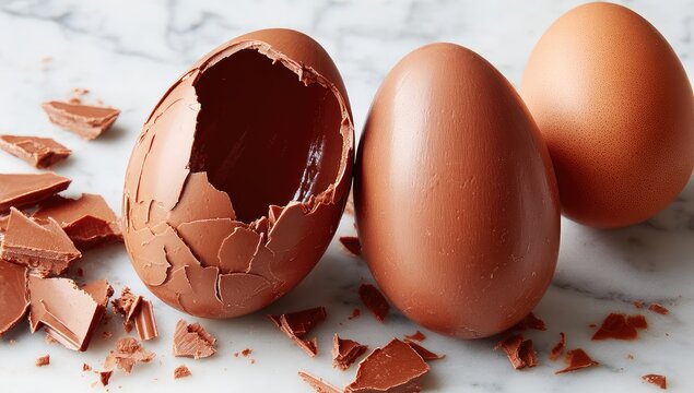 Chocolate Easter eggs, cracked, on marble