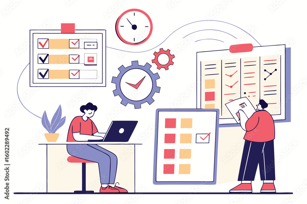 Poster working professionals managing tasks and projects in a modern office environment with charts and che