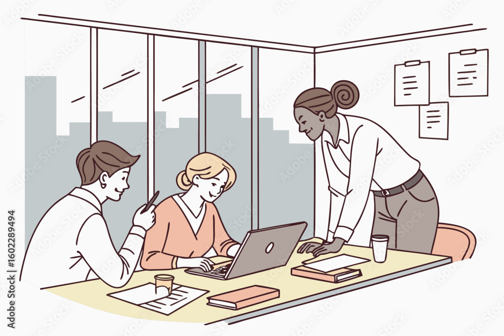 Poster team collaborating in a modern office setting while discussing ideas and sharing insights during a p