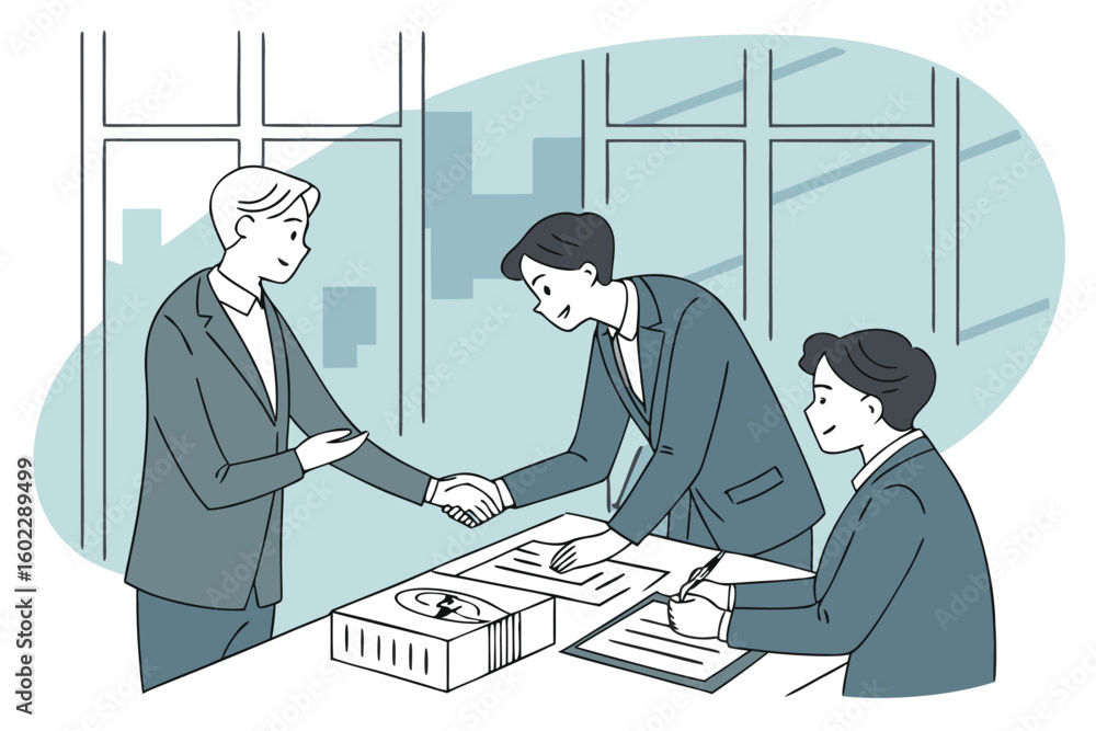 Poster business meeting in a modern office setting with professionals engaging in a handshake and discussin