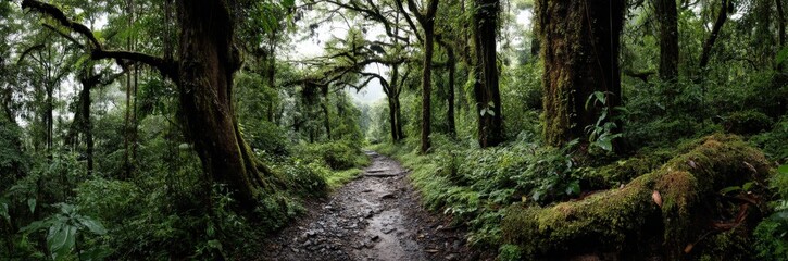 Obraz premium A winding path stretches through the middle of a lush green forest