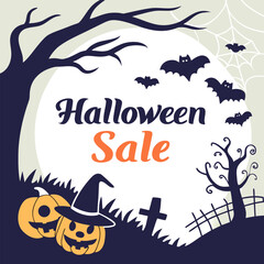 Spooky halloween sale announcement featuring jack o lanterns bats and a witch hat on a graveyard background for seasonal promotions