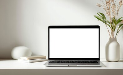 Fototapeta premium A laptop computer with a bright white screen is sitting on a desk