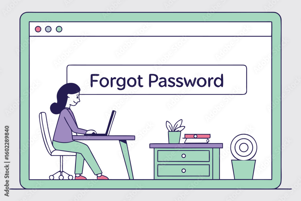 Aufkleber user resets forgotten password while seated at a desk in a modern workspace with plants and organize