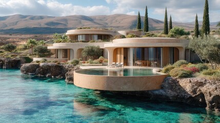 Modern, circular villas nestled on a rocky coast, featuring infinity pools overlooking a calm turquoise sea, mountains in the background under a sunny sky