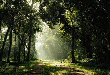 The sun is brightly shining through the trees in the vibrant forest