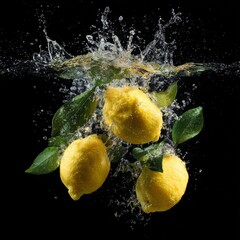 lemons falling into the water water splashes black solid background illustration small details 8k