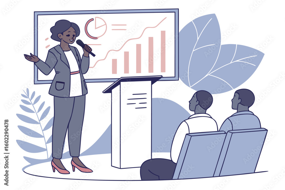 Poster business presentation showcases data analysis and public speaking at a corporate event in a modern o
