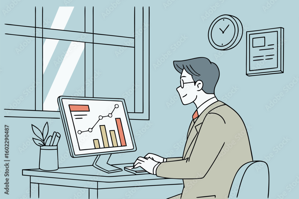 Poster professional man working at desk analyzing data with computer in office environment during daytime