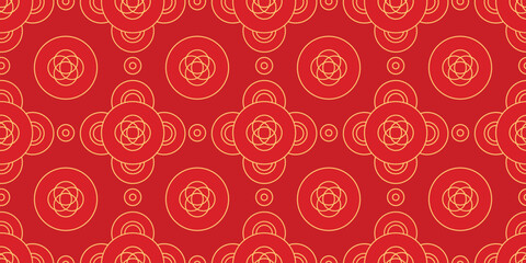 Chinese New Year Traditional Seamless Pattern. Elegant Oriental geometric design. Vector Luxury Chinese New Year Red and Gold Coin Pattern. Lunar Chinese pattern for banner, sale ads, poster