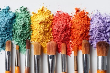 Fototapeta premium Makeup brushes arranged below piles of colorful powder pigments