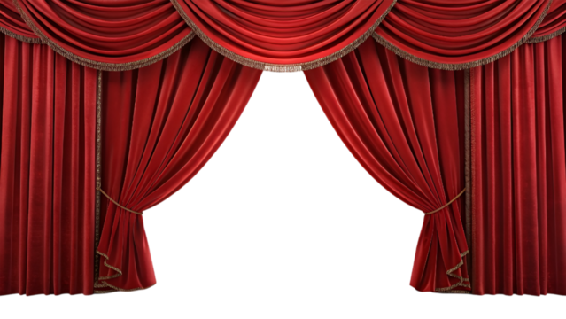 gorgeous red stage curtain, red curtain isolated on transparent background