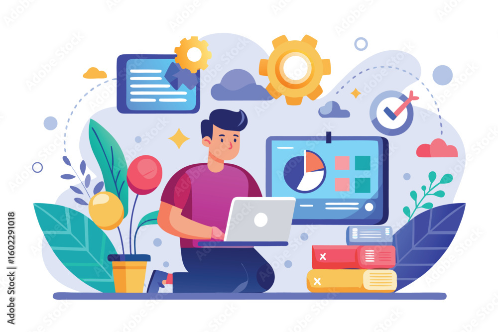 Poster engaging in digital learning with a laptop and colorful graphics in a creative workspace setting aro
