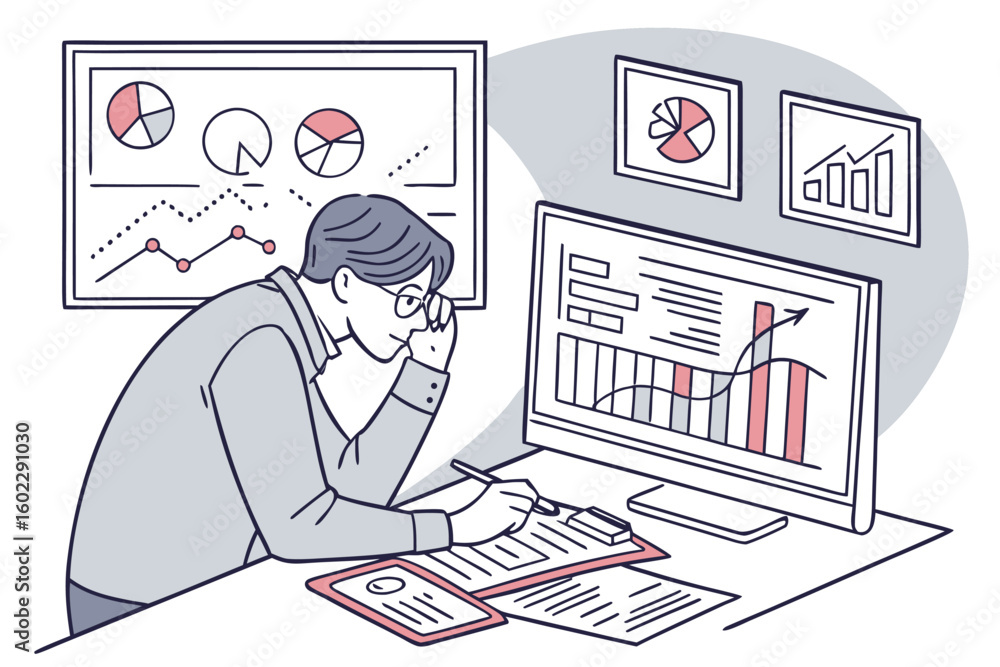 Poster business professional analyzes data trends and prepares reports while working on a computer in a mod