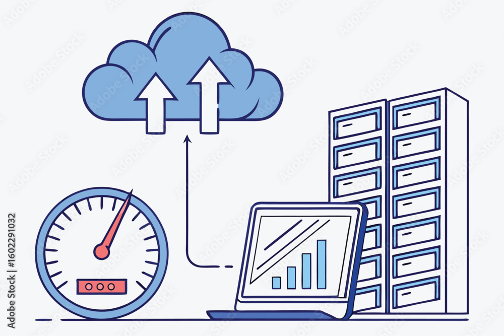 Poster illustration of cloud computing concepts depicting data upload, performance monitoring, and digital 
