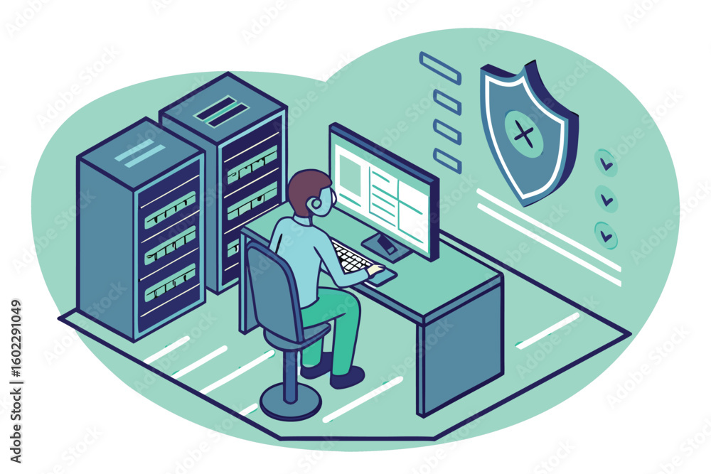 Poster it professional monitors cybersecurity systems at work station in data center during day to ensure n