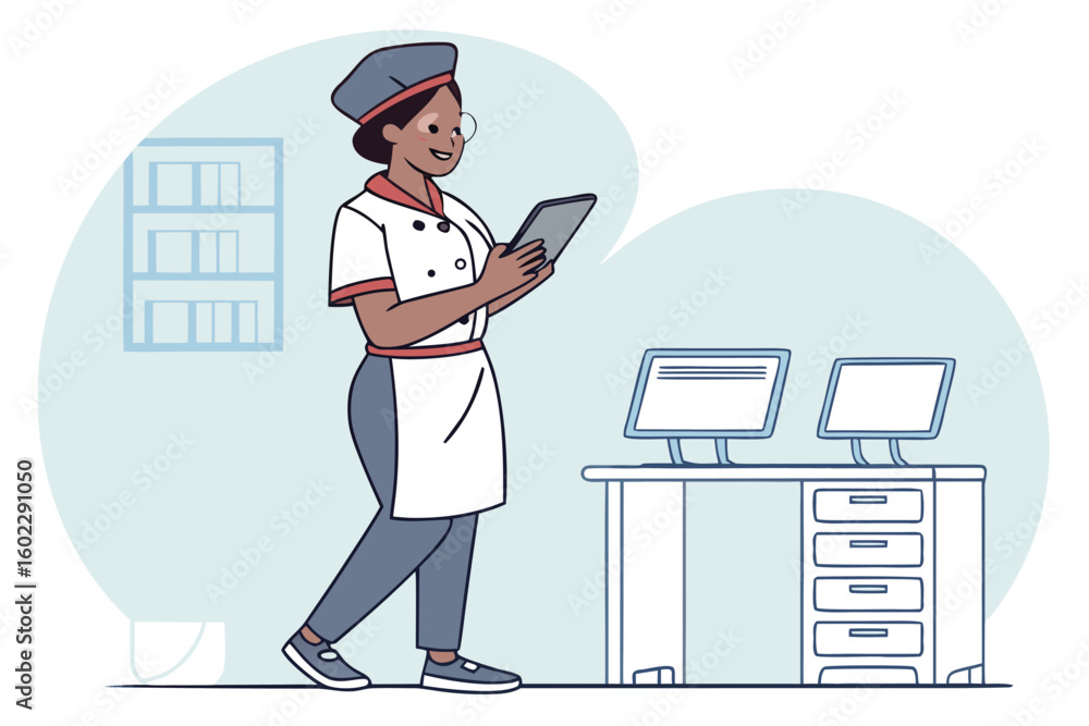 Poster baker using tablet to manage orders in a bakery setting with modern equipment and organized workspac