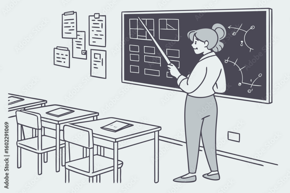Poster teacher explaining concepts on a chalkboard in a classroom with students' desks and educational mate