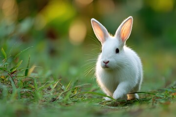 Fototapeta premium White rabbit in a grassy field during spring Cute bunny frolics in the forest at sunset